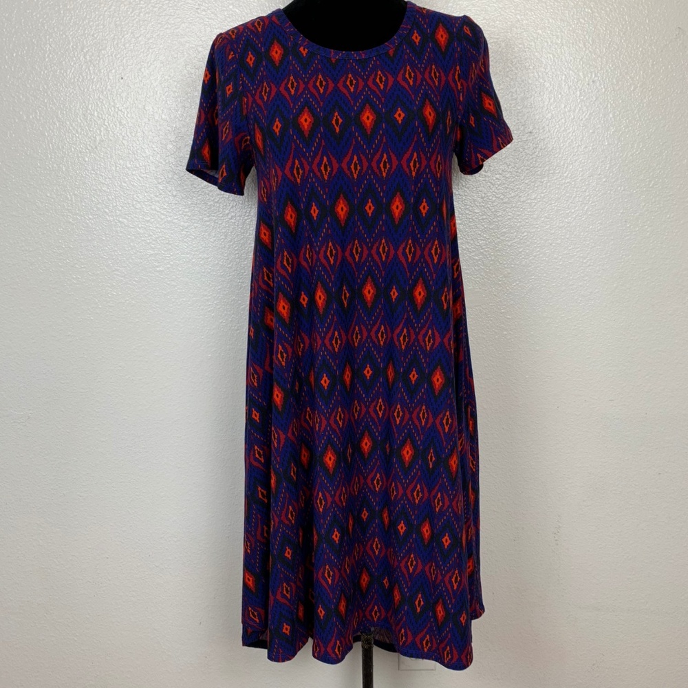 LuLaRoe Carly Blue Red Black Diamond Print Dress
